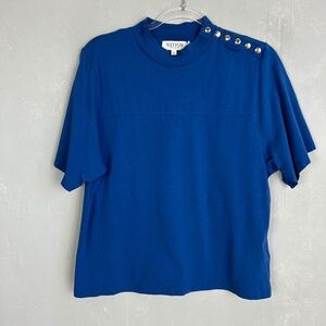 Nation LTD size L Yvette top blue short sleeve mock neck organic cotton